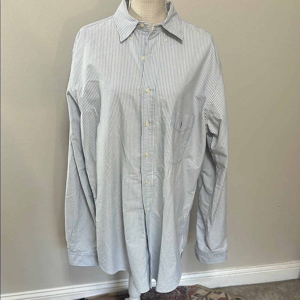 Ralph Lauren White and Blue Stripe Classic Fit Oxford Casual Button Down Shirt